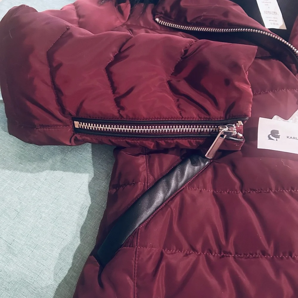 Karl Lagerfeld Paris Faux Fur Collar Puffer Jacket in Oxblood - Picture 9 of 15